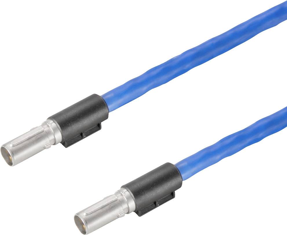 Zwei blaue elektrische Kabel mit silbernen Metallabschlüssen und schwarzen Isolatoren an den Enden, auf weißem Hintergrund.