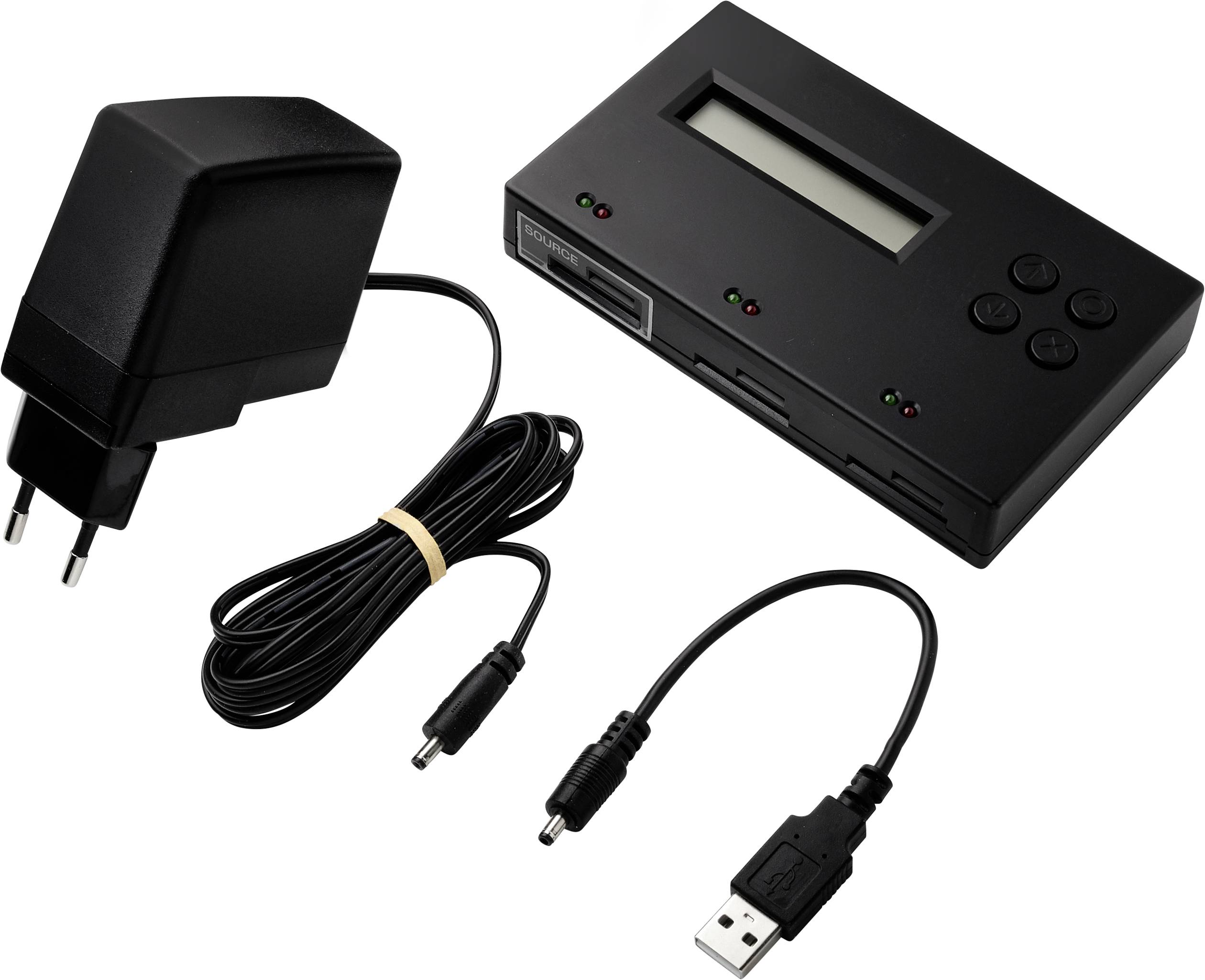 Ladegerät-Set mit Adapter, Displayeinheit und zwei Kabeln, geeignet für Ladezwecke und elektronischen Geräteanschluss.