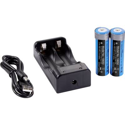 Ladegerät mit zwei Schlitzen, zwei blauen Batterien 'Model No. 18650' und einem USB-Kabel. Batterien sind wiederaufladbar.