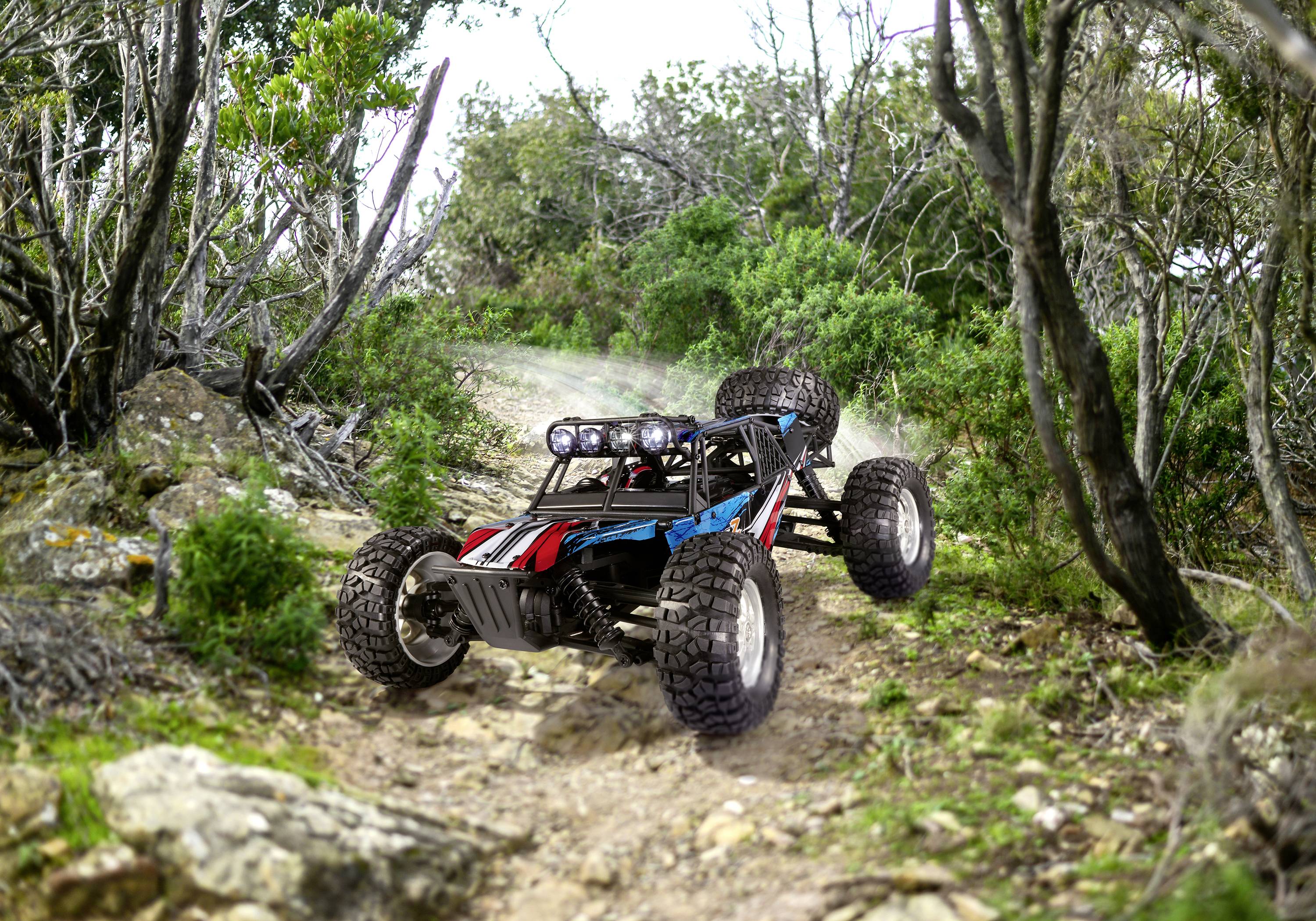 Ein ferngesteuertes Auto fährt auf einem steinigen Waldweg, umgeben von Bäumen und Büschen, unter einem klaren Himmel.