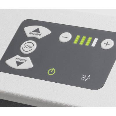 Bedienfeld eines technischen Geräts mit Tasten für 'Forward', 'Stop', und 'Reverse', sowie einem Display mit grün leuchtenden Balken.