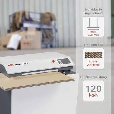 Eine Maschine, die Karton zerkleinert. Links: 'individuelle Eingabebreite max. 425 mm'. Mitte: 'Einfüllmenge 3 Lagen Wellpappe'. Unten rechts: 'Durchsatzleistung 120 kg/h'.