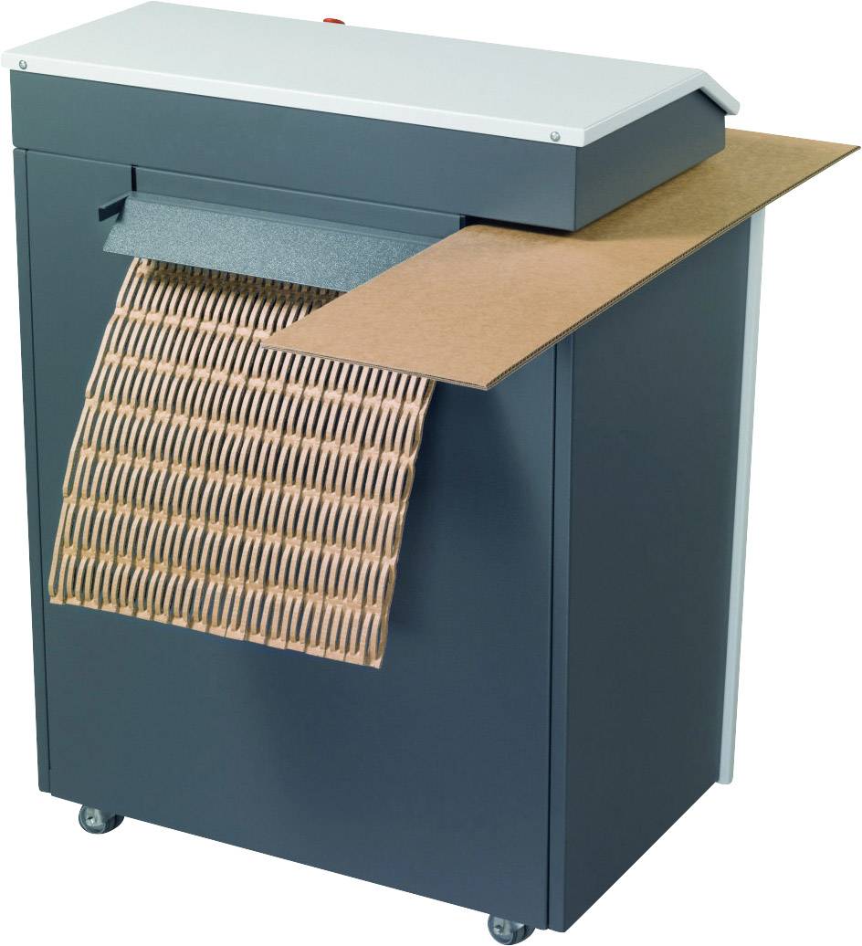 Ein Aktenvernichter, der Karton zu Verpackungsmaterial mit gitterartiger Textur verarbeitet.