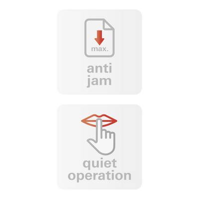 Das Bild zeigt zwei Symbole. Oben: Ein Blatt mit rotem Pfeil und Text 'anti jam'. Unten: Lippen und Finger mit Text 'quiet operation'.