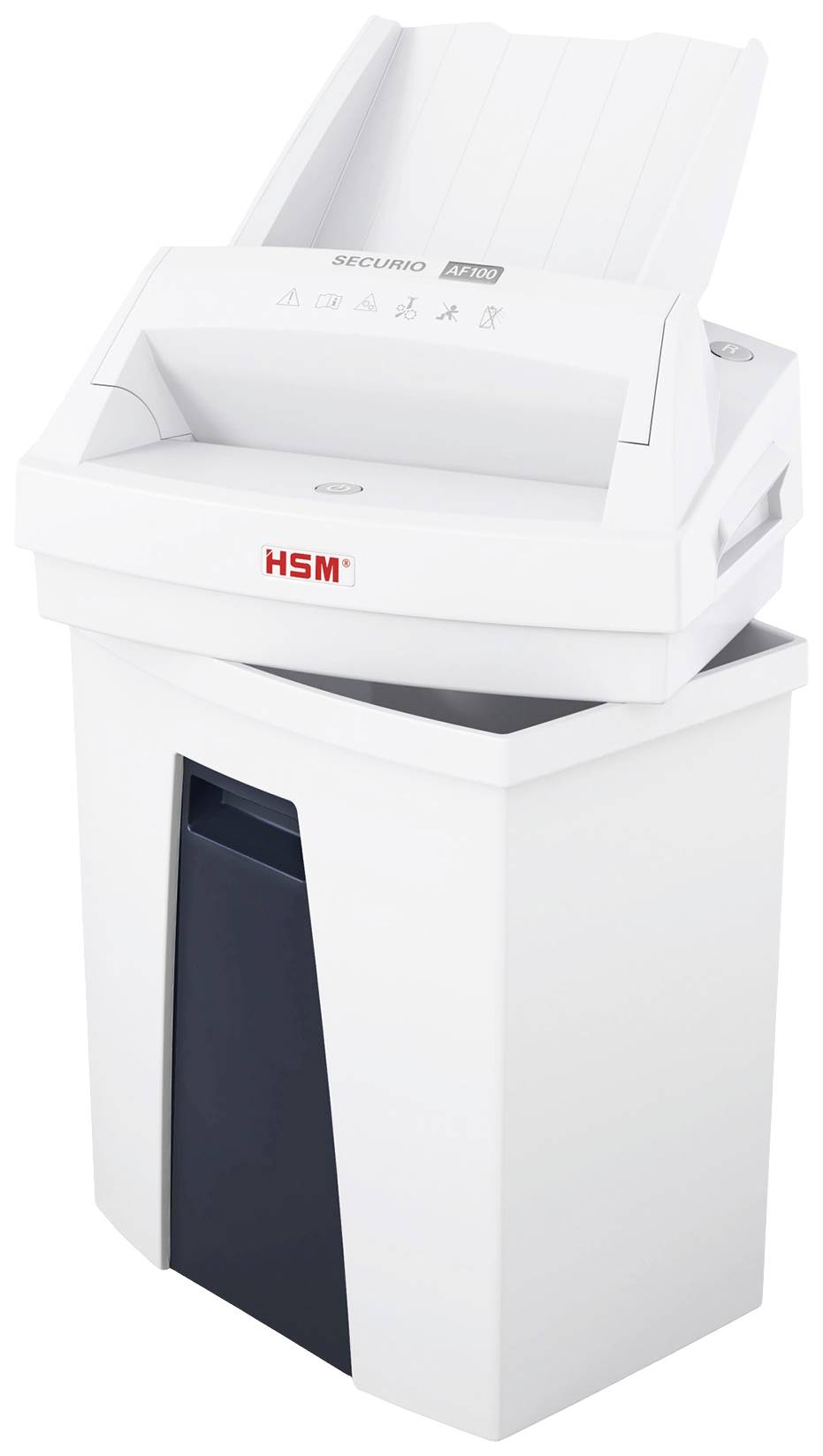 Ein weißer Aktenvernichter mit Papierfach und schwarzem Auffangbehälter, geeignet für die bürogerechte Zerkleinerung von Dokumenten.