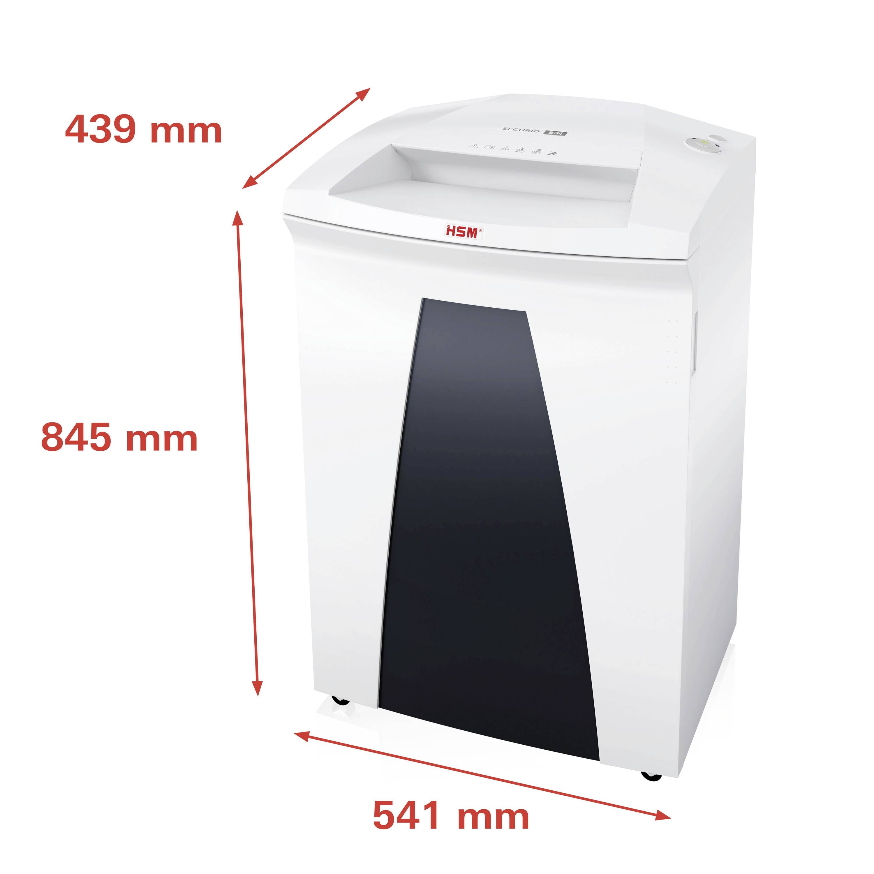 Ein Aktenvernichter der Marke HSM mit den Maßen 845 mm Höhe, 439 mm Breite und 541 mm Tiefe.