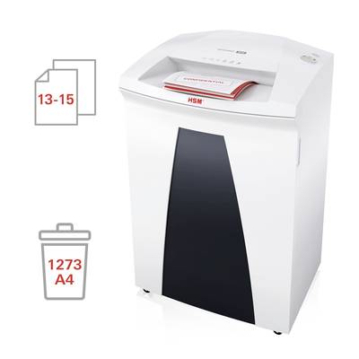 Ein Aktenvernichter mit Papierstapeln, die '13-15' und '1273 A4' anzeigen, symbolisiert die Kapazität. Ein Papier mit 'CONFIDENTIAL'.