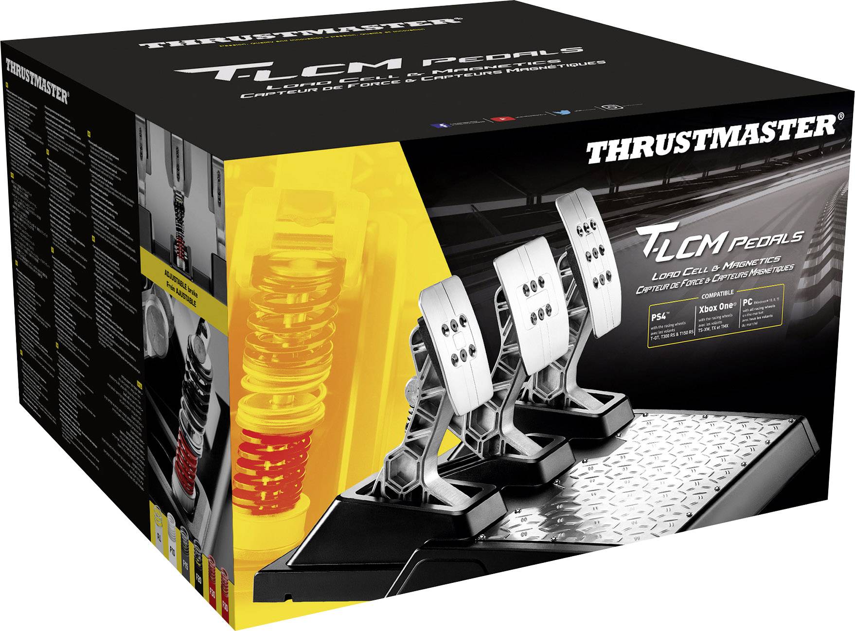'Thrustmaster T-LCM Pedals' Produktverpackung mit Bild von drei silbernen Pedalen und roten Federn; für Rennsimulationen geeignet.