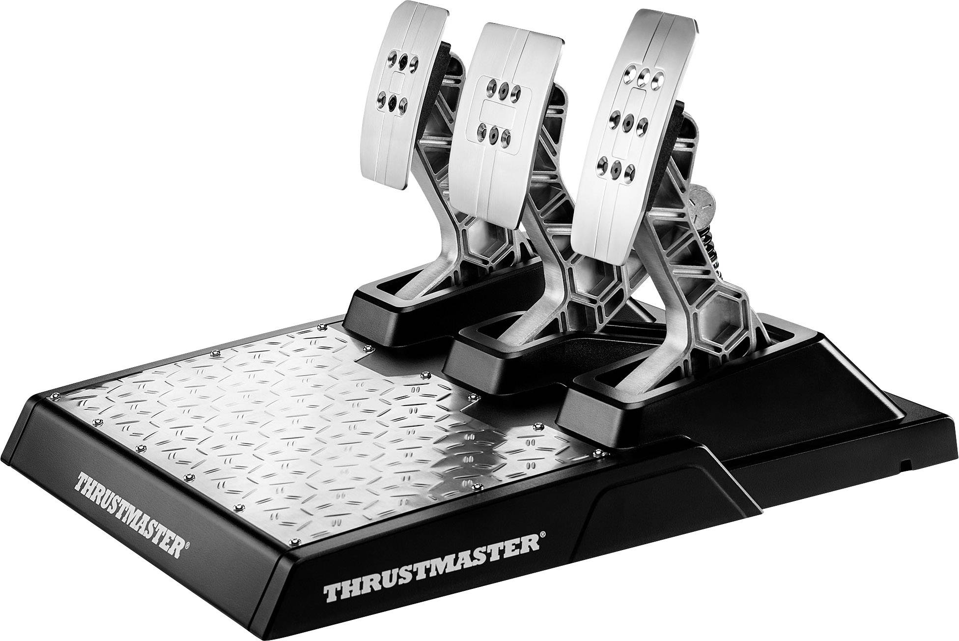 Thrustmaster-Pedaleinheit mit drei Metallpedalen für Rennsimulation. Pedale auf schwarzer Bodenplatte, robustes Design.
