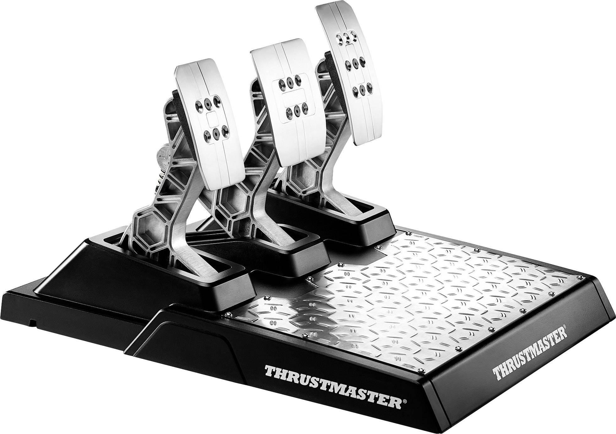 'Drei silberne Pedale auf schwarzer Basis, jeweils mit vier Löchern ausgestattet, von der Marke Thrustmaster, für Racing-Simulationen.'