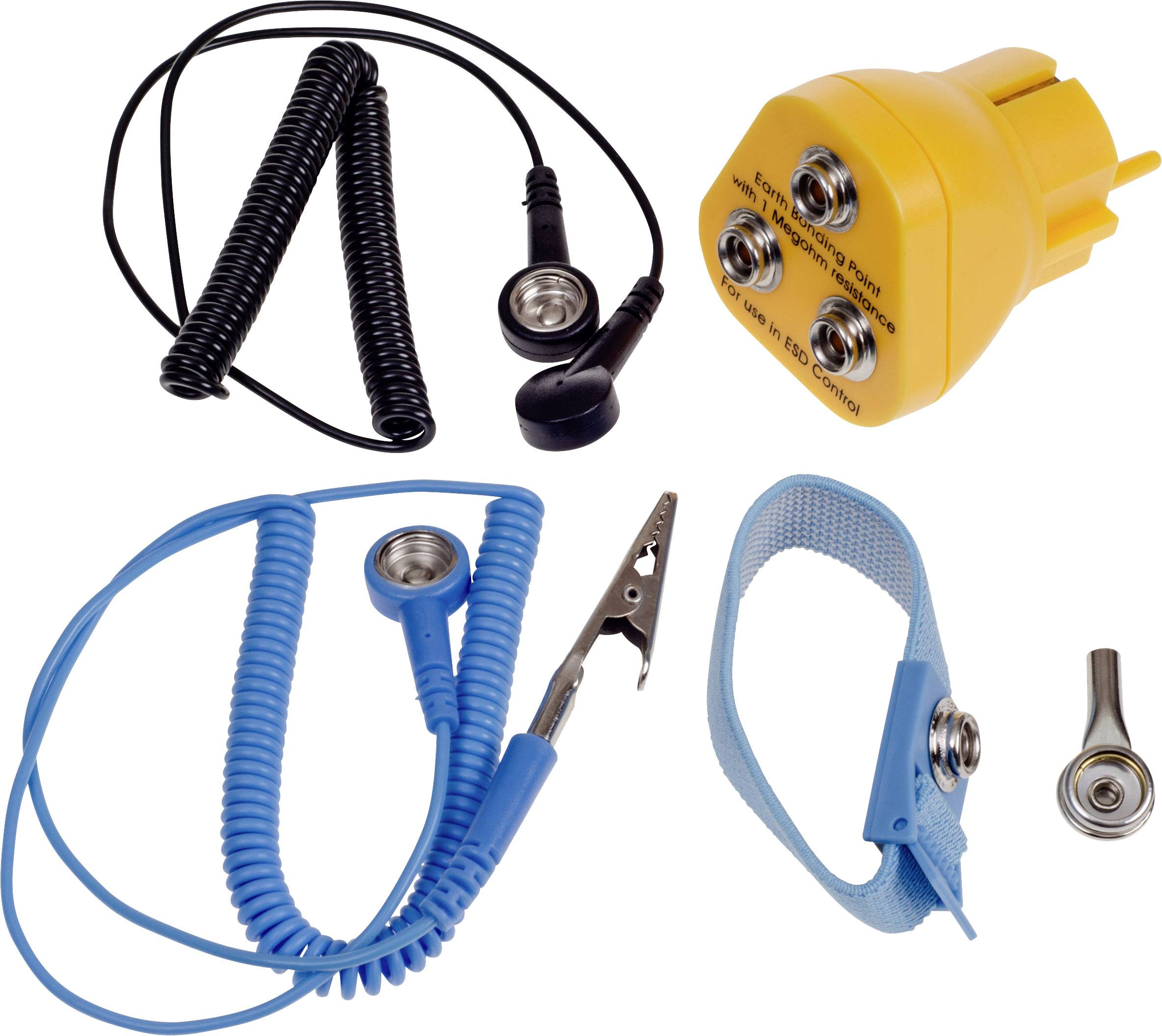 Antistatik-Armband, Kabel mit Krokodilklemme und Ohrhörer, genutzt zur Ableitung elektrostatischer Aufladung in Technikbereichen.