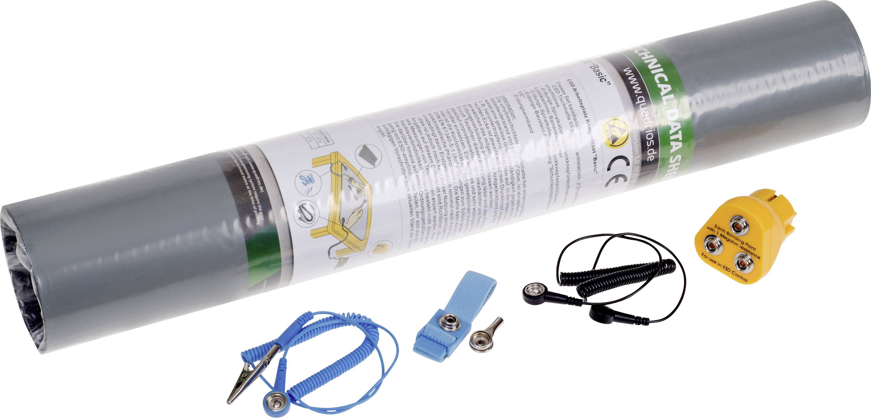 Antistatikmatte-Set mit grauer Matte, Erdungskabel, Handgelenkband und Steckeradapter, ideal für Arbeitsplätze zum Schutz elektronischer Geräte.