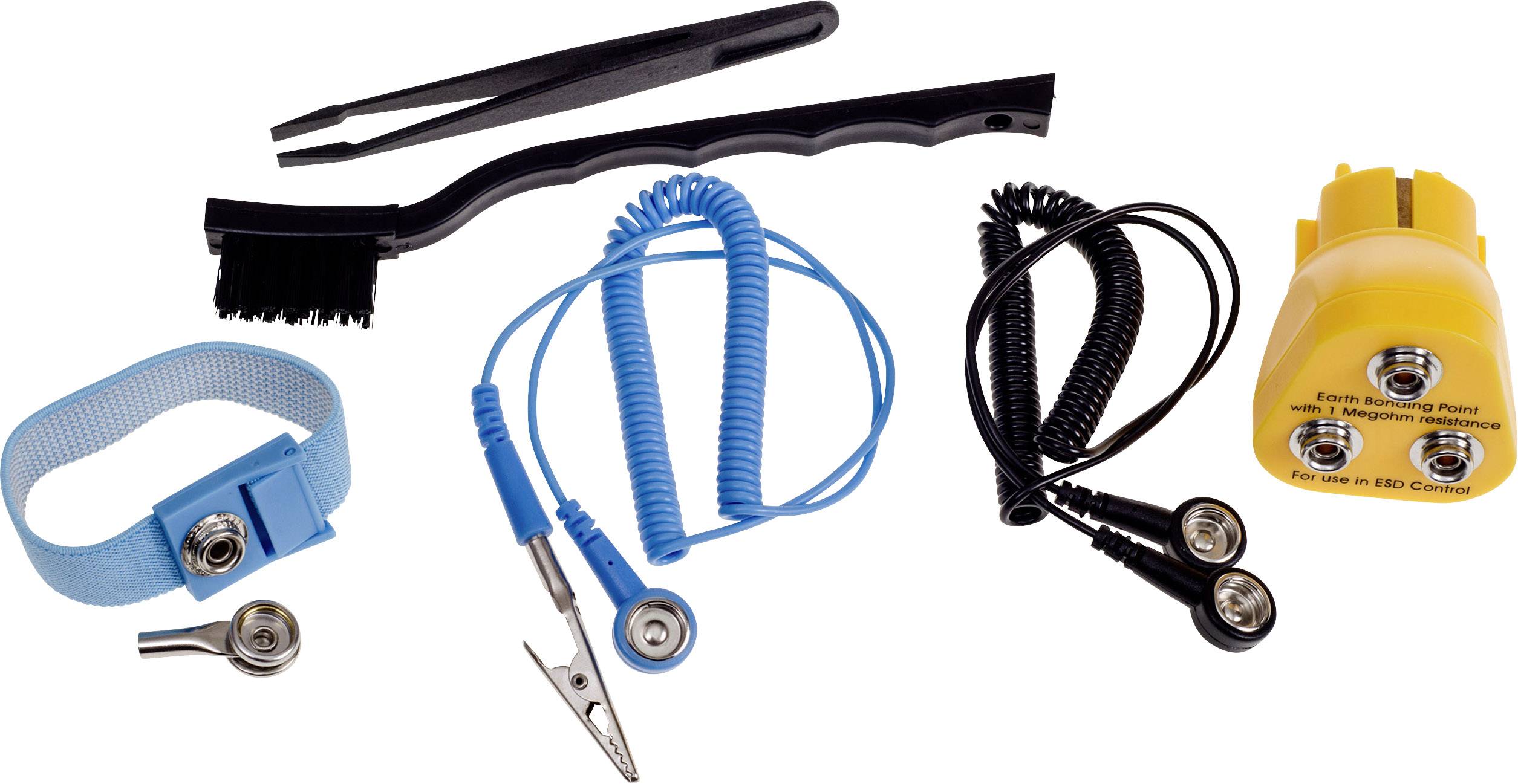 Antistatik-Set mit Armband, Kabeln, Bürste, Pinzette und Erdungstester. Verhindert statische Schäden bei der Arbeit mit Elektronik.