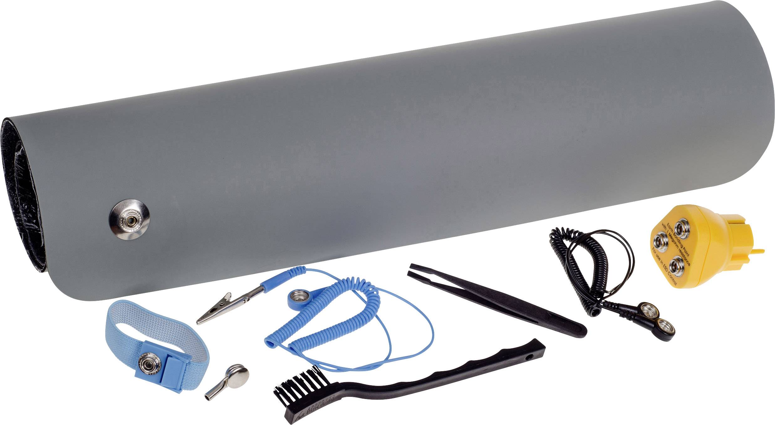 Antistatik-Matte mit Armband, Erdungskabeln, Krokodilklemme, Pinzette, Bürste, Batteriehalter und Adapterstecker.
