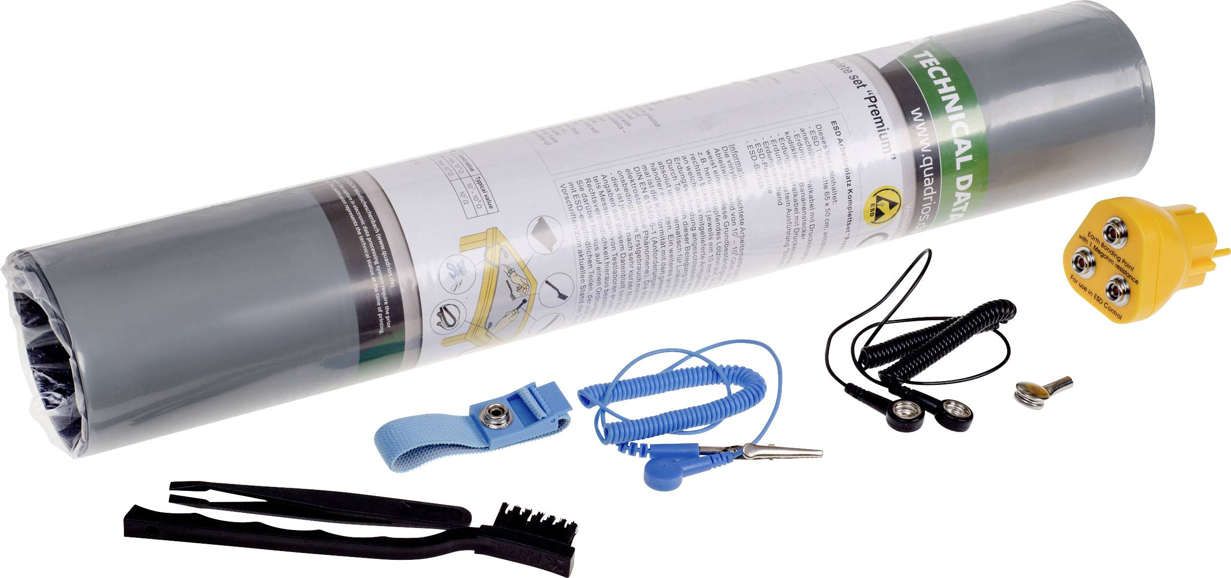 Graue Bodenheizmatte mit Zubehör wie Bürste, Kabelbindern und Stromanschlussadapter.