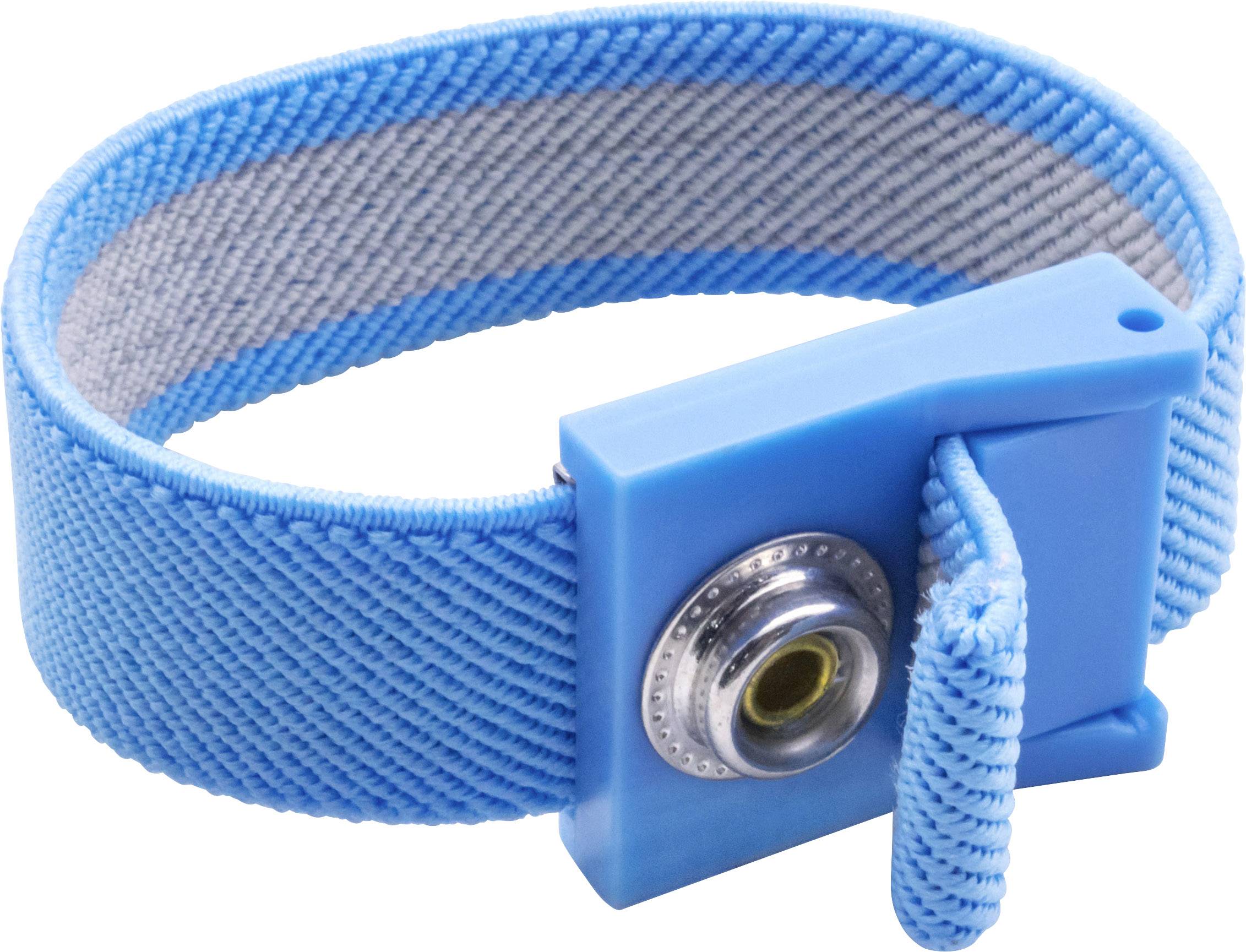 Ein blaues antistatisches Armband mit Metallknopf, das zur Ableitung von elektrostatischer Ladung beim Arbeiten an elektronischen Geräten verwendet wird.