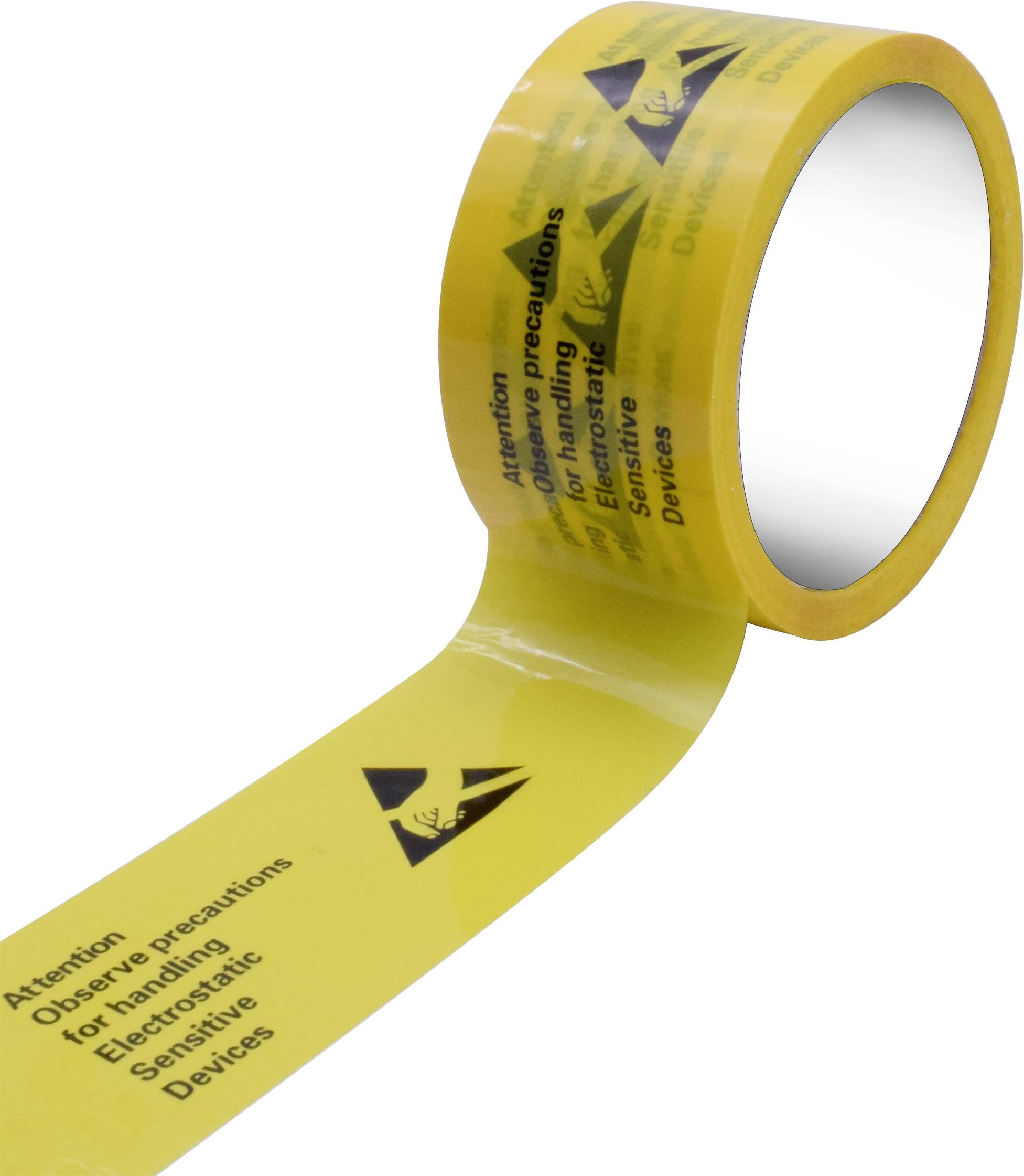 Gelbes Klebeband mit schwarzem Warnsymbol und der Aufschrift 'Attention Observe precautions for handling Electrostatic Sensitive Devices'.