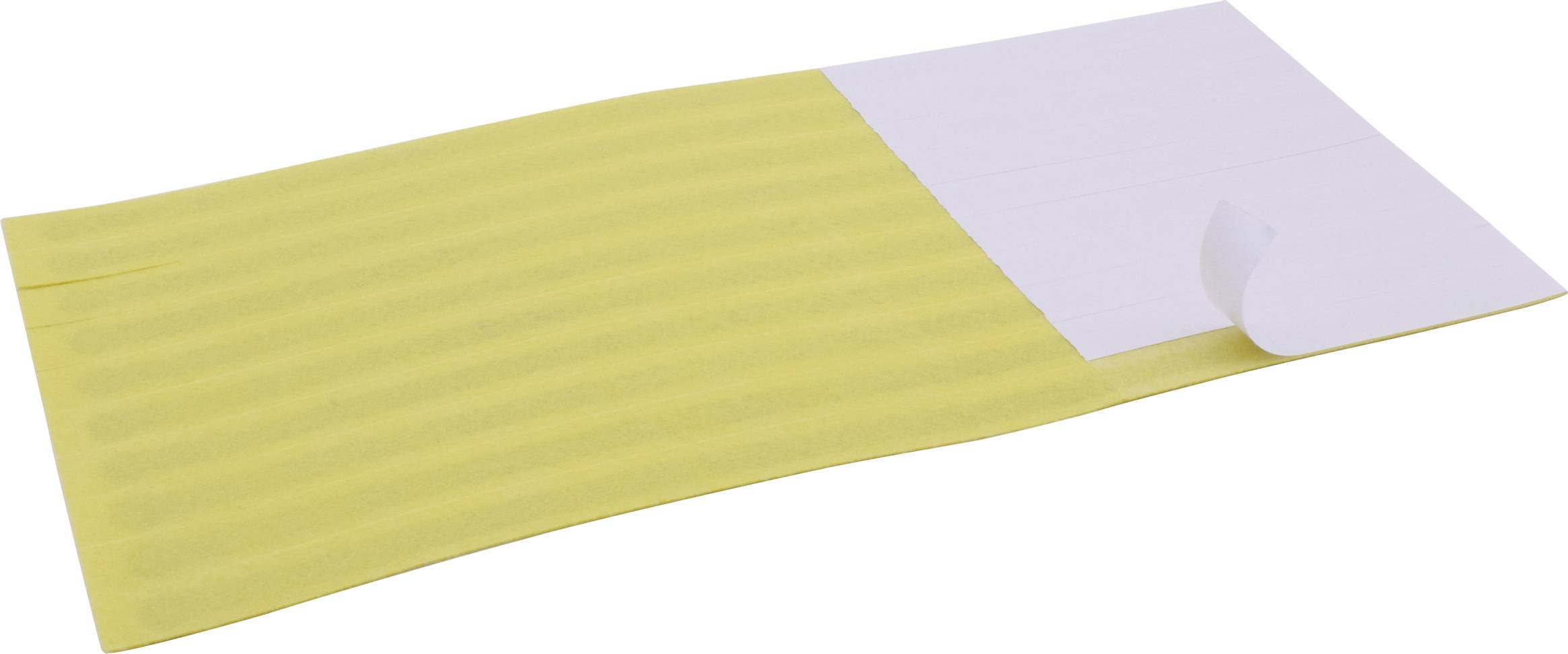 Selbstklebendes Teppichklebeband in Gelb, teilweise von Schutzpapier bedeckt, liegt flach auf einer Oberfläche.