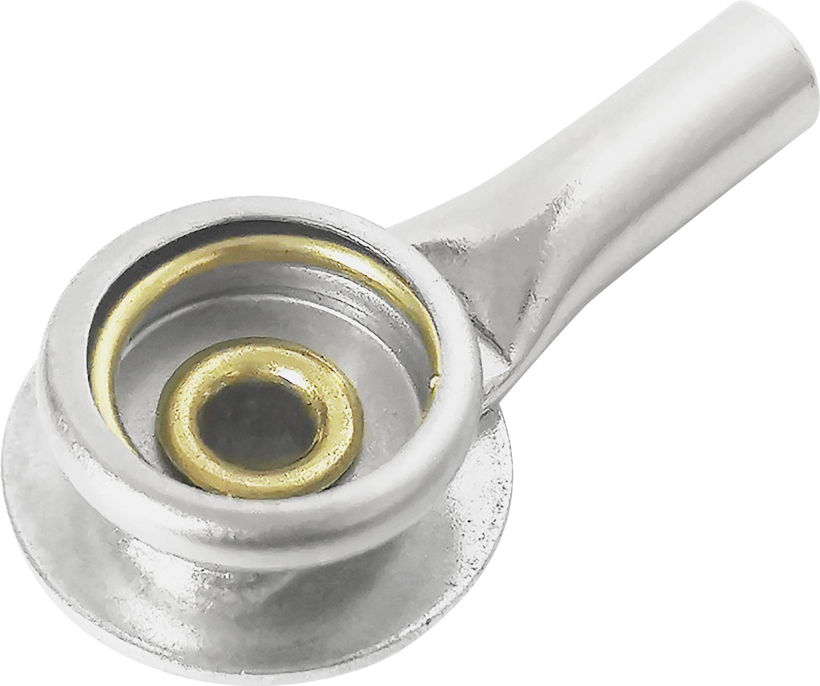 Ein silbernes Metallteil mit einem kreisförmigen, goldfarbenen Innenring und kurzem Rohr, möglicherweise ein technisches Bauteil.