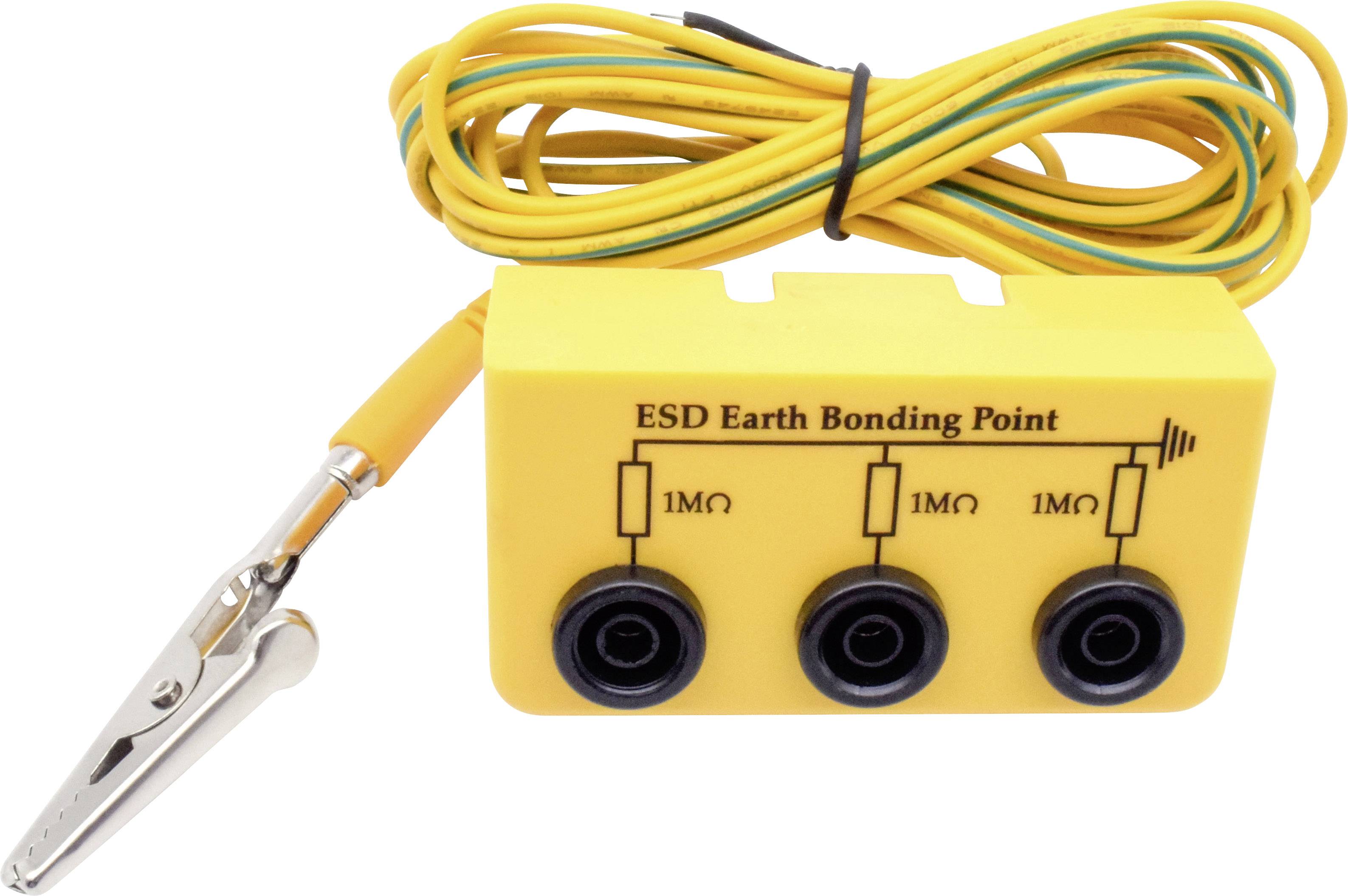 Ein gelbes ESD-Erdungspunktgerät mit drei Anschlüssen, Beschriftung '1MΩ', und einem Krokodilklemme-Kabel zur Vermeidung elektrostatischer Entladungen.