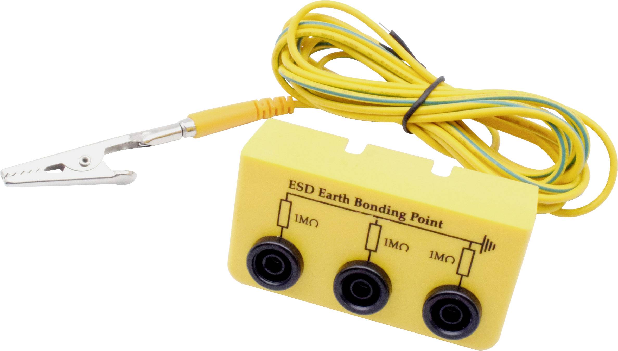 Gelbes ESD-Erdungspunkt-Gerät mit drei Anschlüssen und Krokodilklemme, verwendet zur Vermeidung elektrostatischer Entladungen.