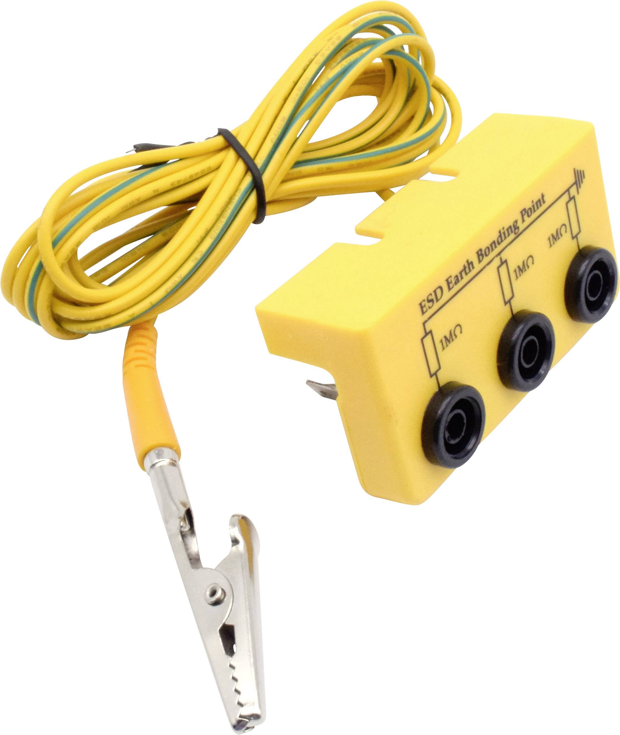 Gelbes ESD-Erdungsgerät mit drei Anschlüssen und Metallklemme, um statische Entladung zu verhindern.