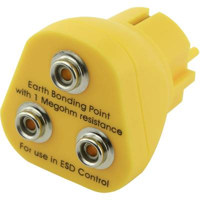 Gelber Erdungsstecker mit drei Metallbuchsen und Aufschrift 'Earth Bonding Point with 1 Megohm resistance. For use in ESD Control'.