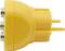 Gelber Adapterstecker mit drei runden Steckköpfen, seitlich dargestellt, Verwendung für elektrische Anschlüsse.