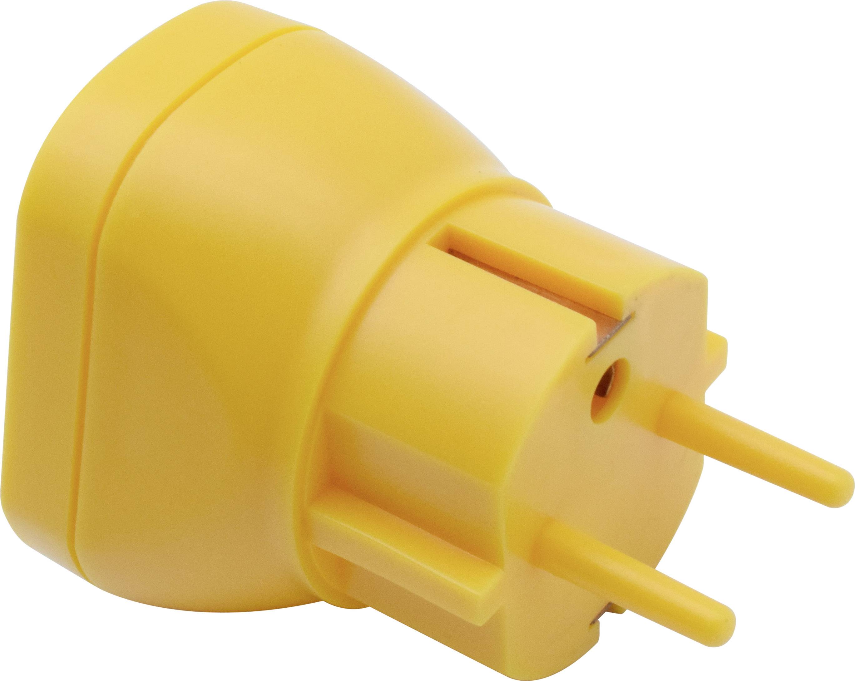 Gelber, runder Steckdosenadapter mit zwei Steckern, geeignet zur Spannungsumwandlung oder Reisesteckerdienste in verschiedenen Ländern.