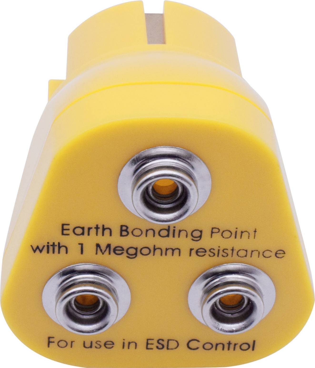 Gelbes Erdungsgerät mit drei Metallkontakten, Aufschrift 'Earth Bonding Point with 1 Megohm resistance' und 'For use in ESD Control'.