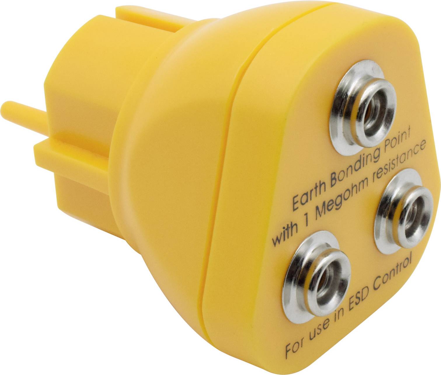 Gelber ESD-Erdungsstecker mit drei Anschlussbuchsen, Aufschrift: 'Earth Bonding Point with 1 Megohm resistance'.