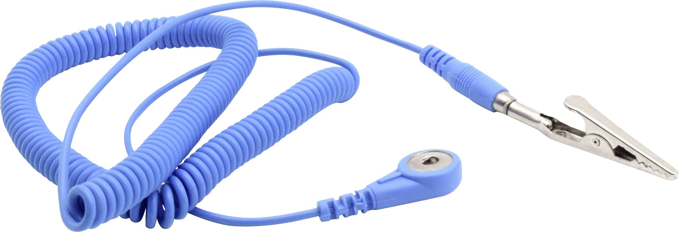 Ein blaues Spiralkabel mit Krokodilklemme und Druckknopfanschluss, häufig verwendet für antistatische Erdungsverbindungen.