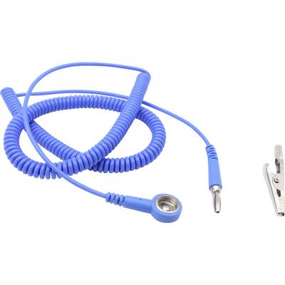 Ein blaues, spiralförmiges Kabel mit metallischen Anschlüssen und einer Klammer, geeignet für elektrostatische Entladungsanwendungen.