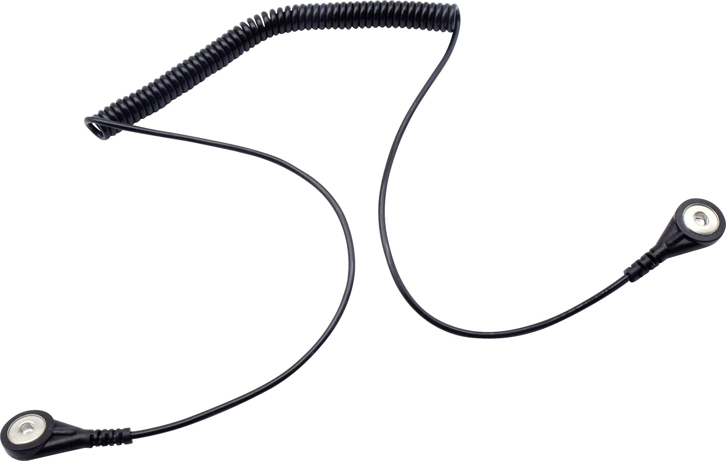 Ein schwarzes, spiralförmiges Kabel mit zwei runden Anschlüssen an den Enden. Es sieht aus, als wäre es für medizinische oder technologische Geräte gedacht.