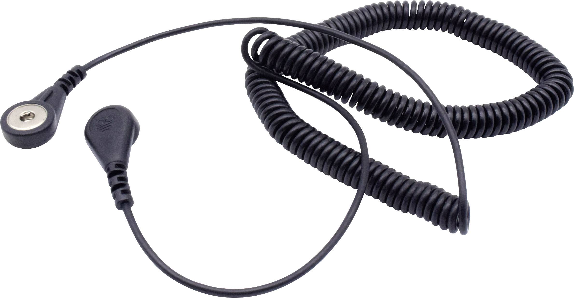 Schwarzes Spiralkabel mit rundem Anschluss und Clip, vermutlich ein medizinisches Zubehörteil für Elektroden oder medizinische Geräte.