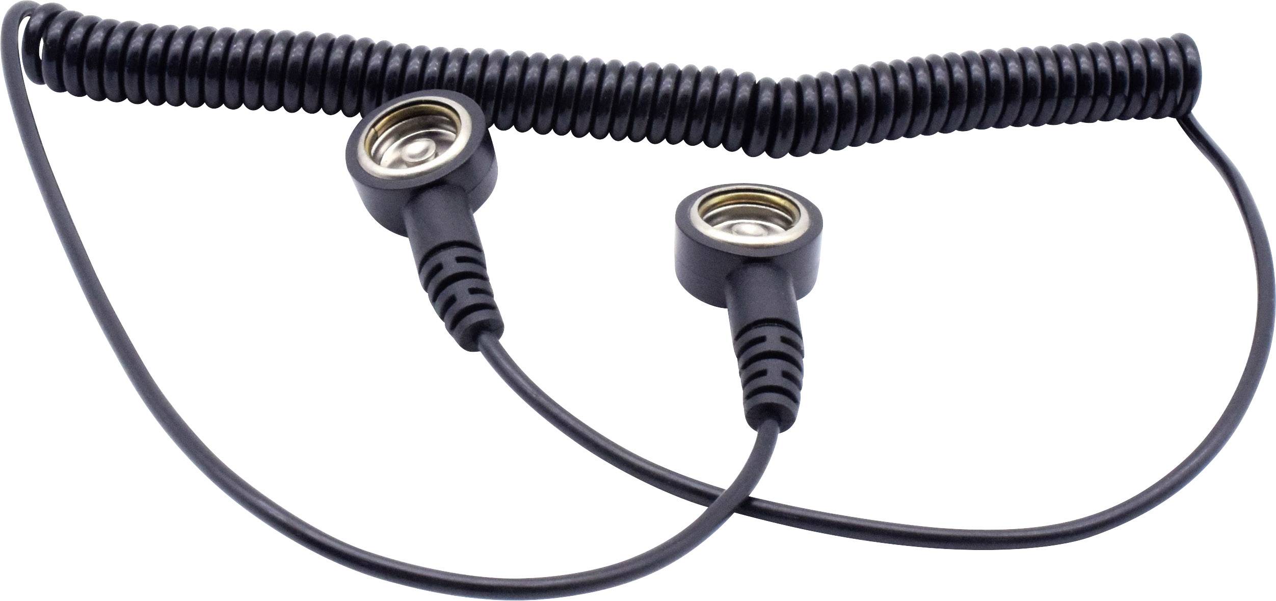 Eine schwarze, spiralförmige Kabelverbindung mit zwei runden Steckern, die für den Anschluss elektrischer Geräte verwendet werden kann.