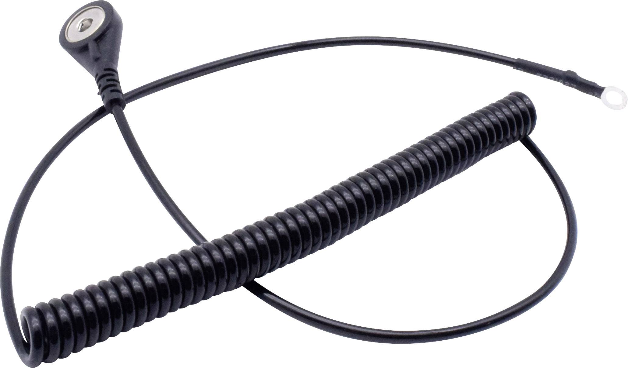 Schwarzes Spiralkabel mit zwei Steckern an den Enden, eines rund und metallisch, das andere mit einem Ringanschluss.