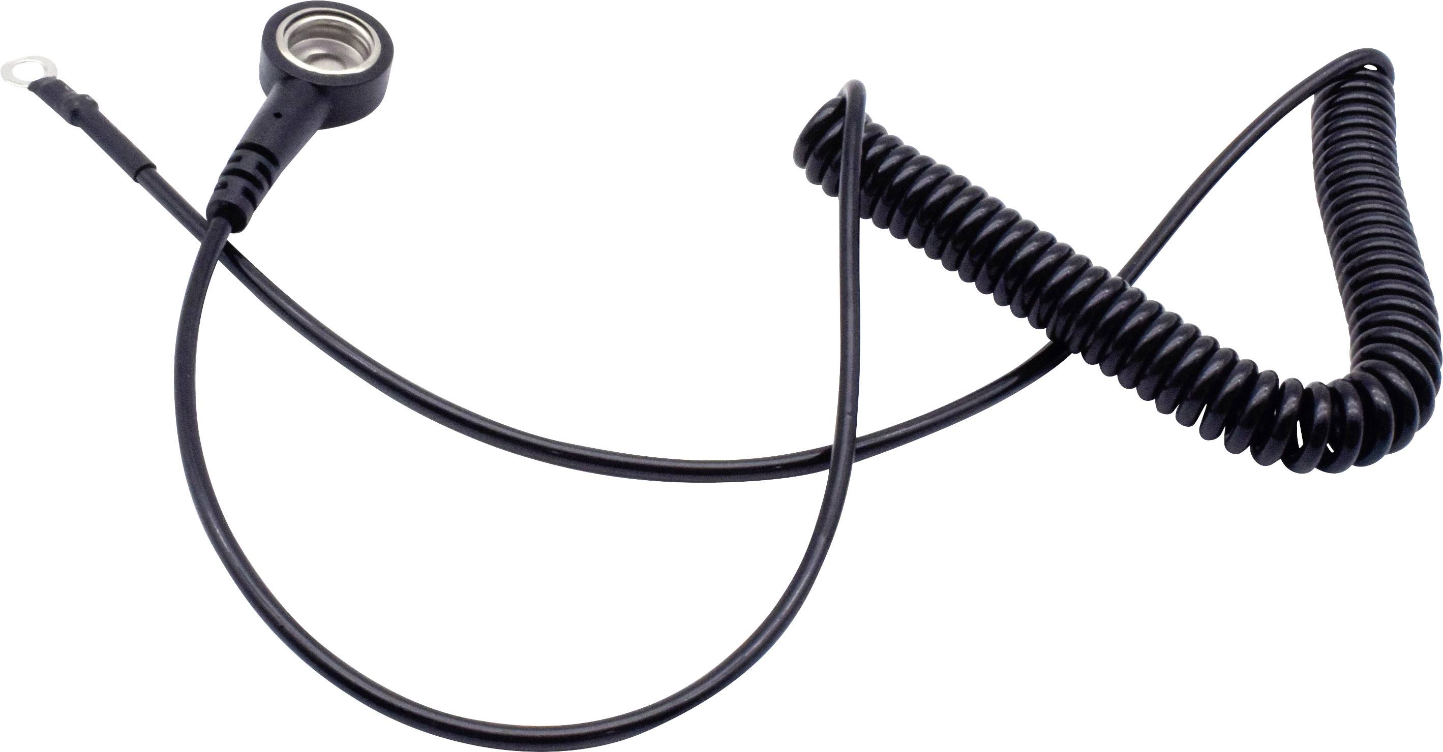 Ein schwarzes, spiralförmiges Kabel mit einer runden, metallischen Anschlussöffnung und einem Kabelschuh am anderen Ende.