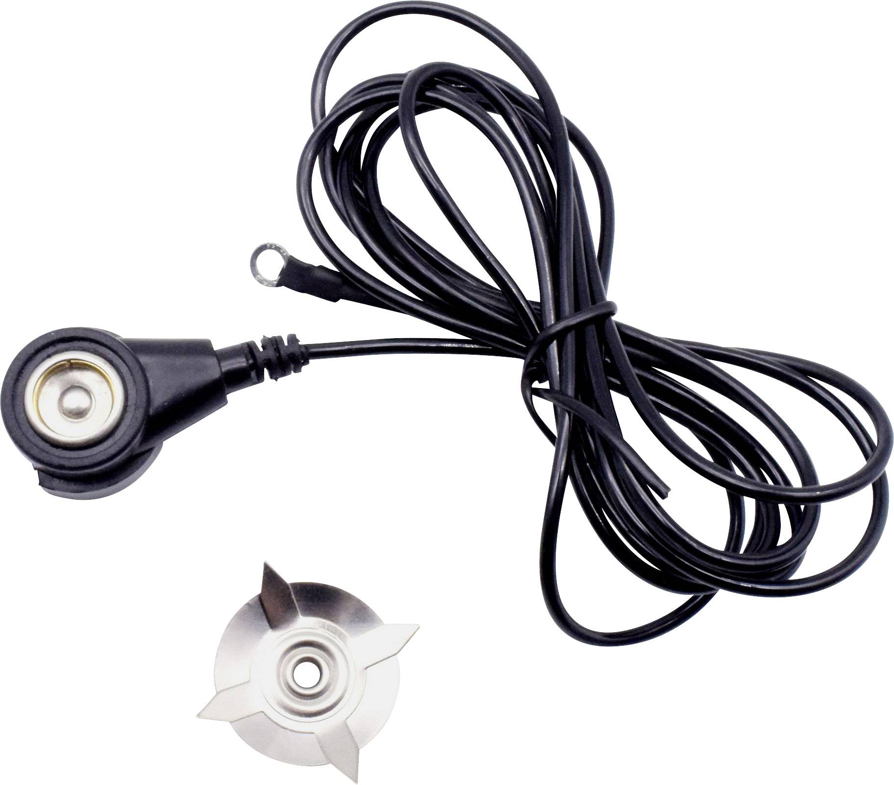 Ein schwarzes Kabel mit einem magnetischen Endstück ist neben einem kleinen, metallischen Propeller abgebildet.