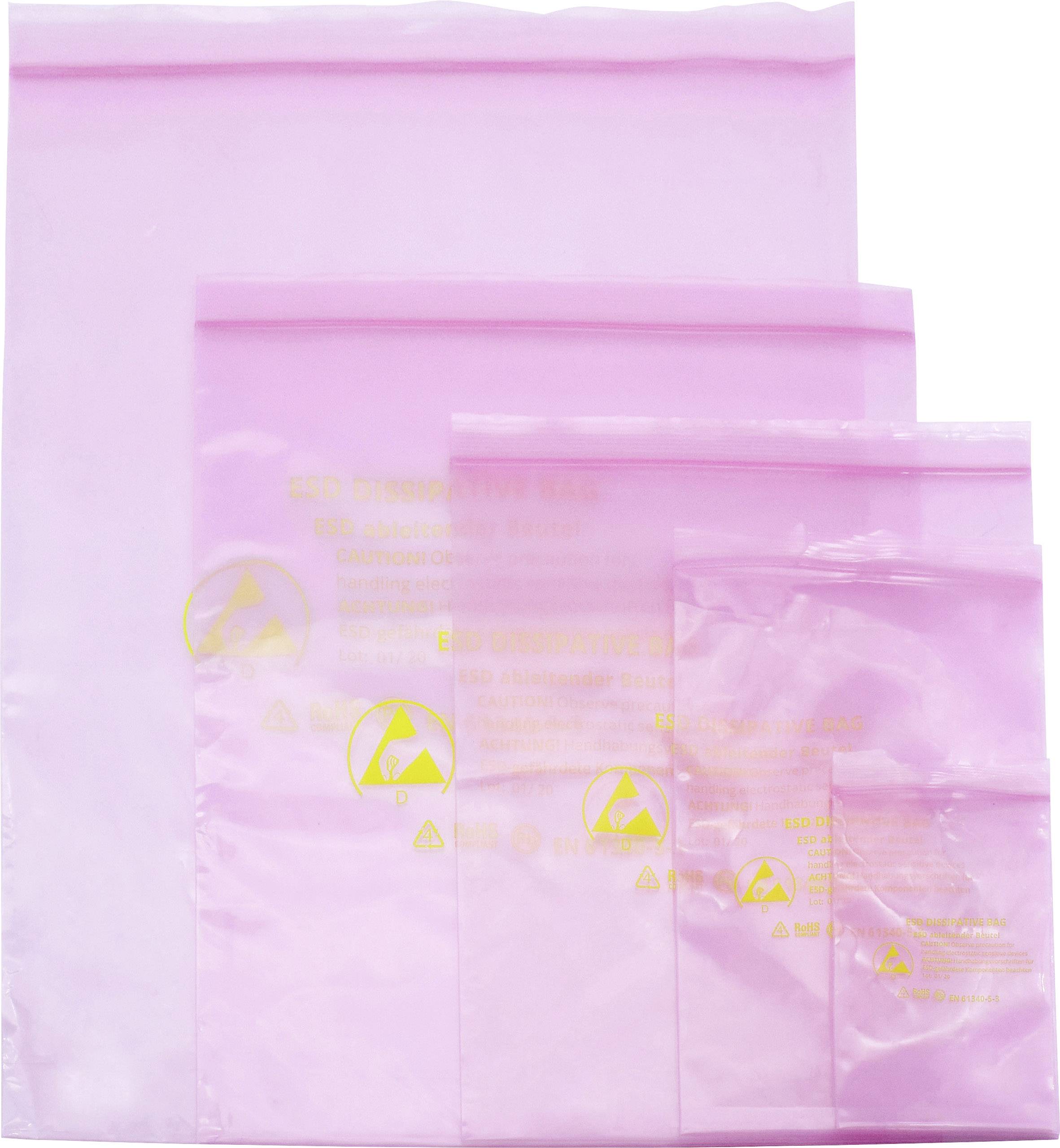 Fünf rosa antistatische Beutel in verschiedenen Größen, übereinanderliegend. Gelbe Sicherheitszeichen sind auf jedem Beutel sichtbar.