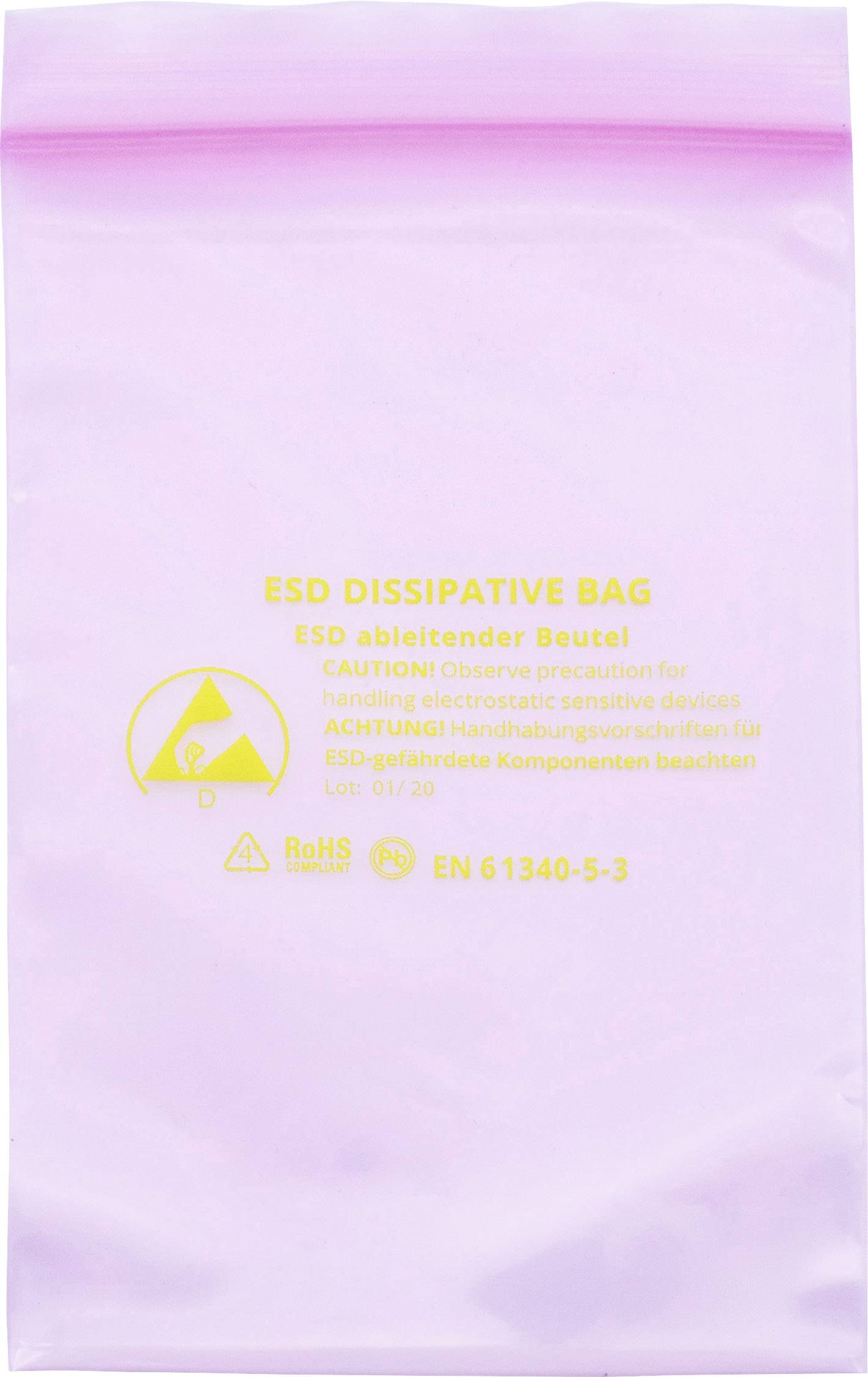Rosa ESD-Beutel, bedruckt mit 'ESD ableitender Beutel', Warnhinweise in Englisch und Deutsch, Symbole für Schutz, RoHS-konform.