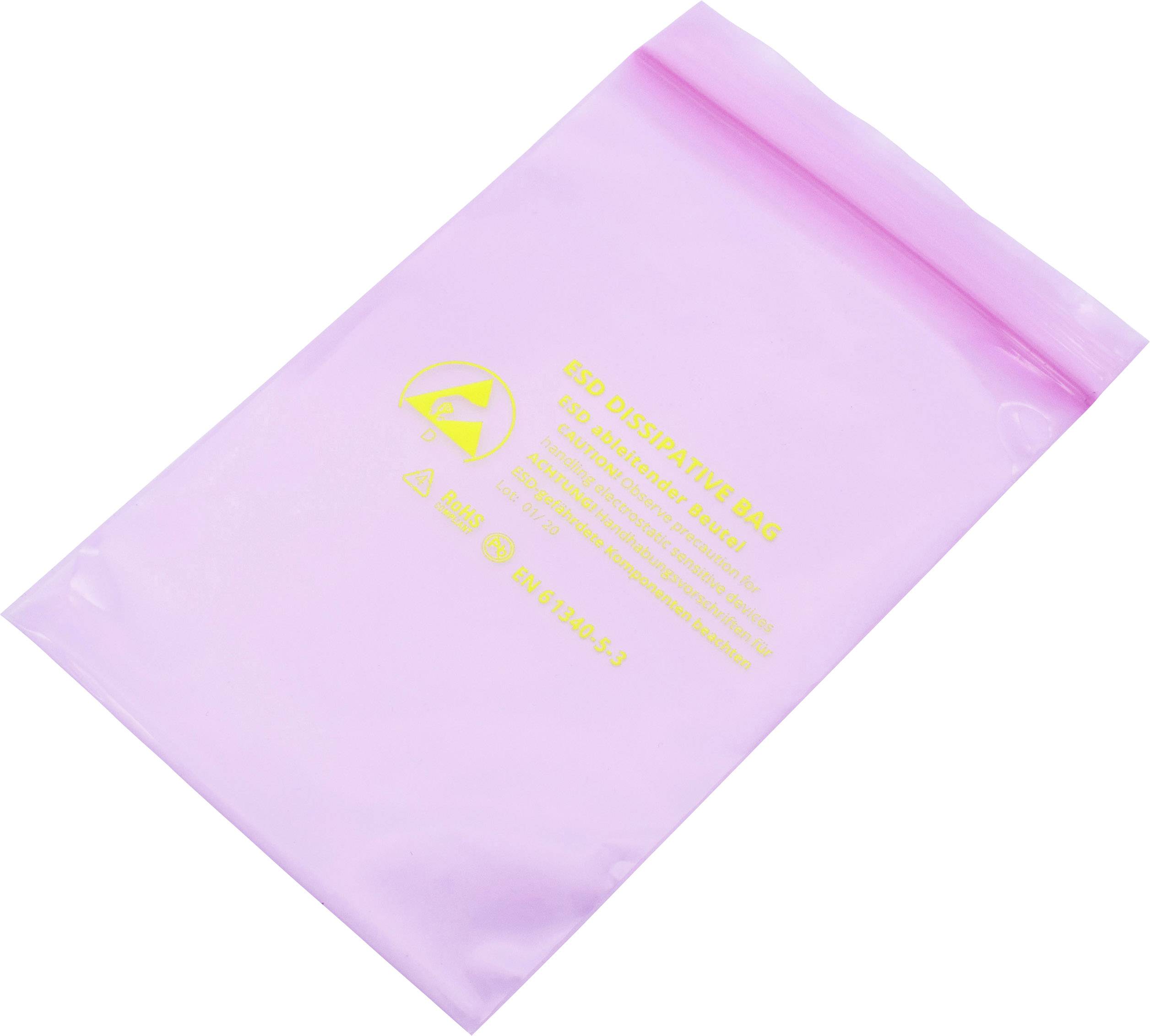 Rosa ESD-Antistatikbeutel mit Symbolen und Warnhinweis zum Schutz elektronischer Bauteile vor statischer Entladung.