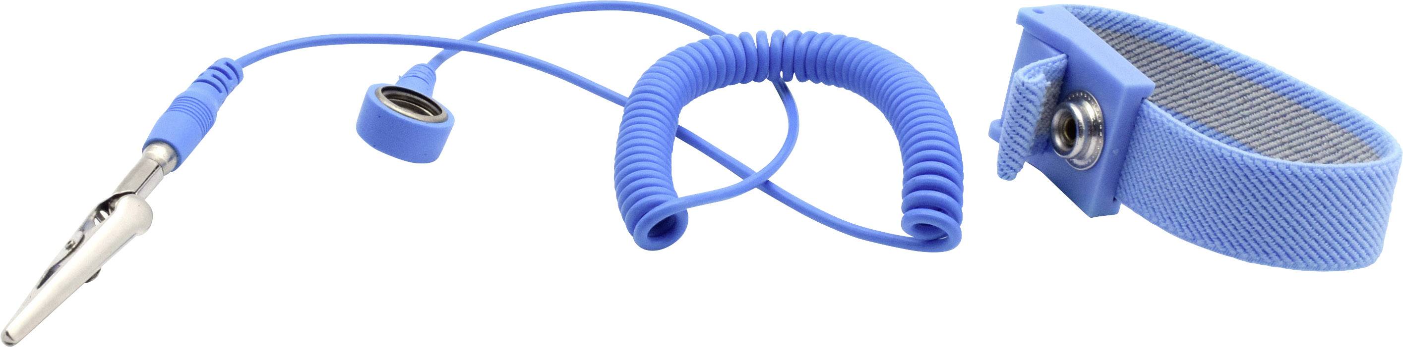 Ein blaues Antistatik-Kit mit Armband, Spiralkabel und Krokodilklemme, das zum Schutz vor elektrostatischer Entladung verwendet wird.