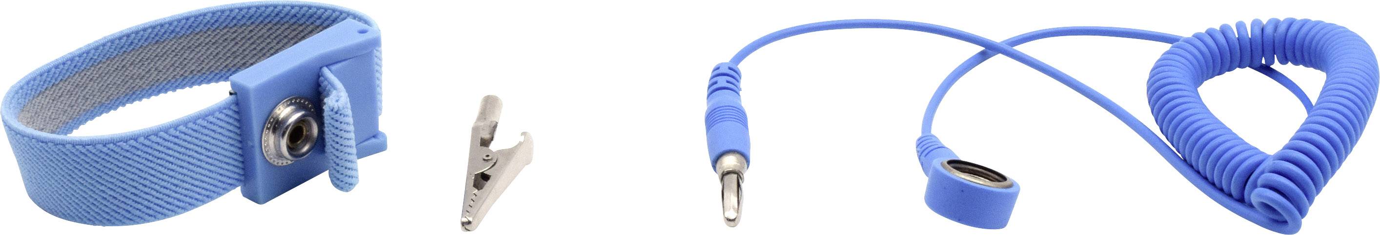 Antistatisches Armband-Set in Blau mit Erdungskabel und Metallclip zur Ableitung von statischer Elektrizität bei elektronischen Arbeiten.