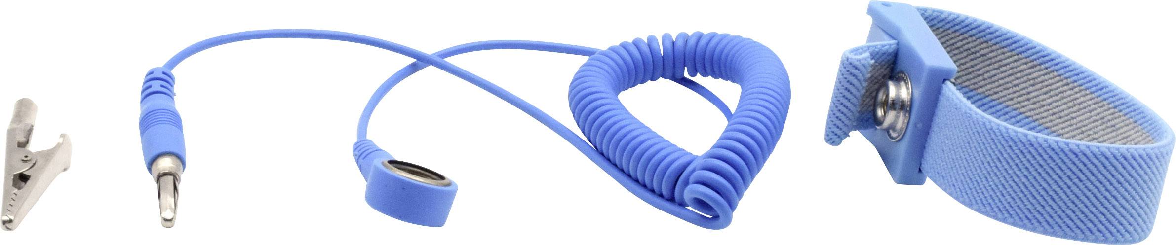 'Armband gegen statische Elektrizität' aus blauem Kunststoff mit Spiralkabel und Krokodilklemme, dient dem Schutz elektronischer Geräte vor elektrostatischen Entladungen.