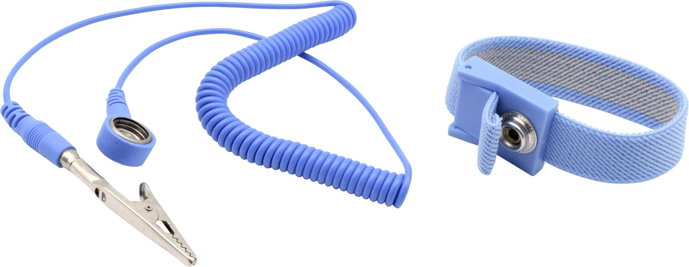 Antistatisches Armband-Set in Blau, bestehend aus einem Armband und einem Kabel mit Metallklemme, zur Ableitung statischer Elektrizität.