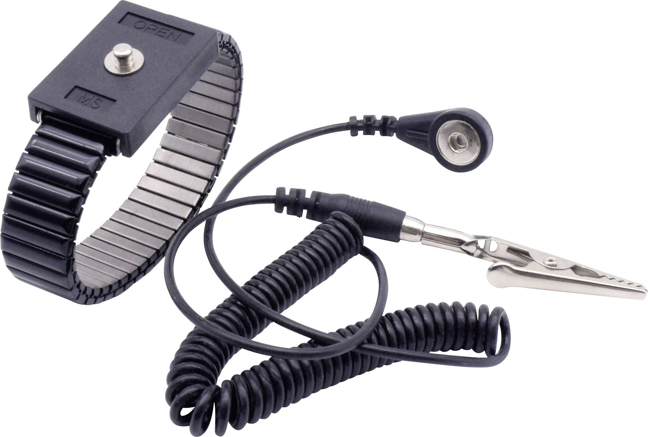 Ein ESD-Armband mit Spiralkabel und Krokodilklemme zur Ableitung statischer Elektrizität.