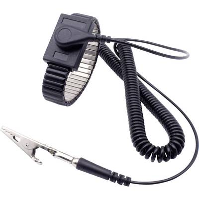 Ein Antistatik-Armband mit spiralförmigem Kabel und Krokodilklemme zur Erdung, häufig bei der Arbeit mit elektronischen Bauteilen genutzt.