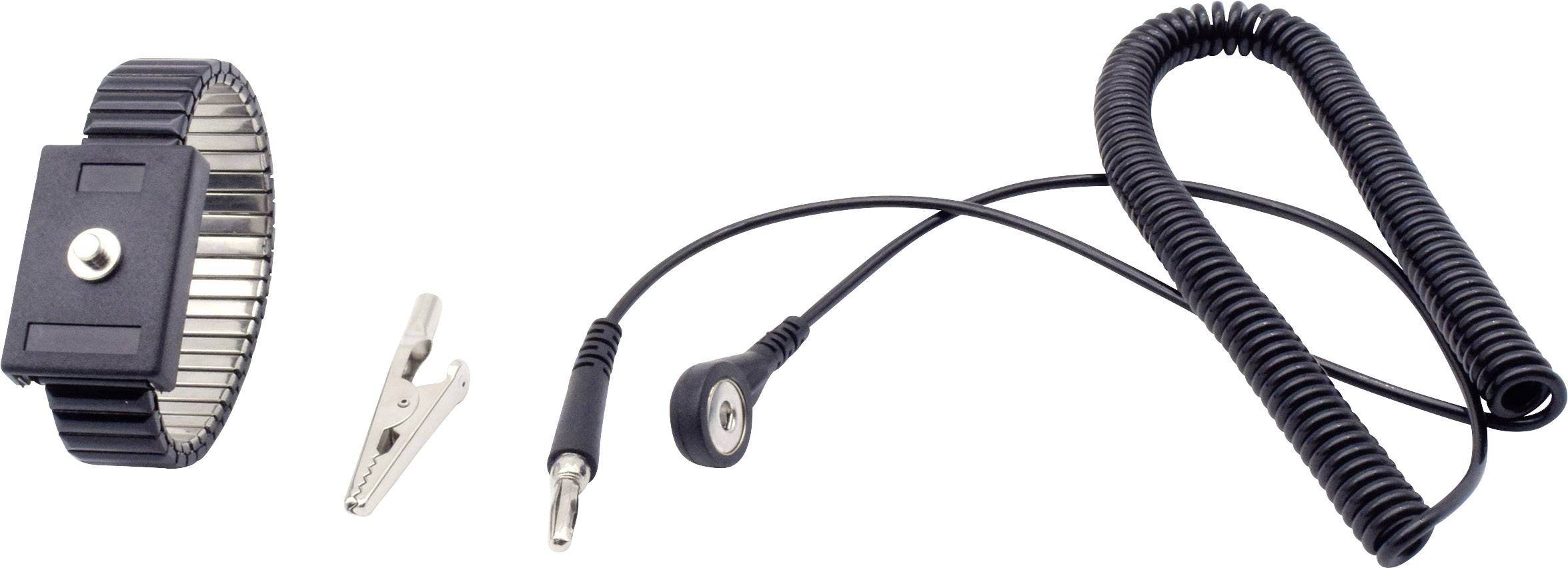 Antistatisches Armband-Set mit elastischem Band, Clip und Kabel, zur Ableitung statischer Elektrizität in elektronischen Anwendungen.