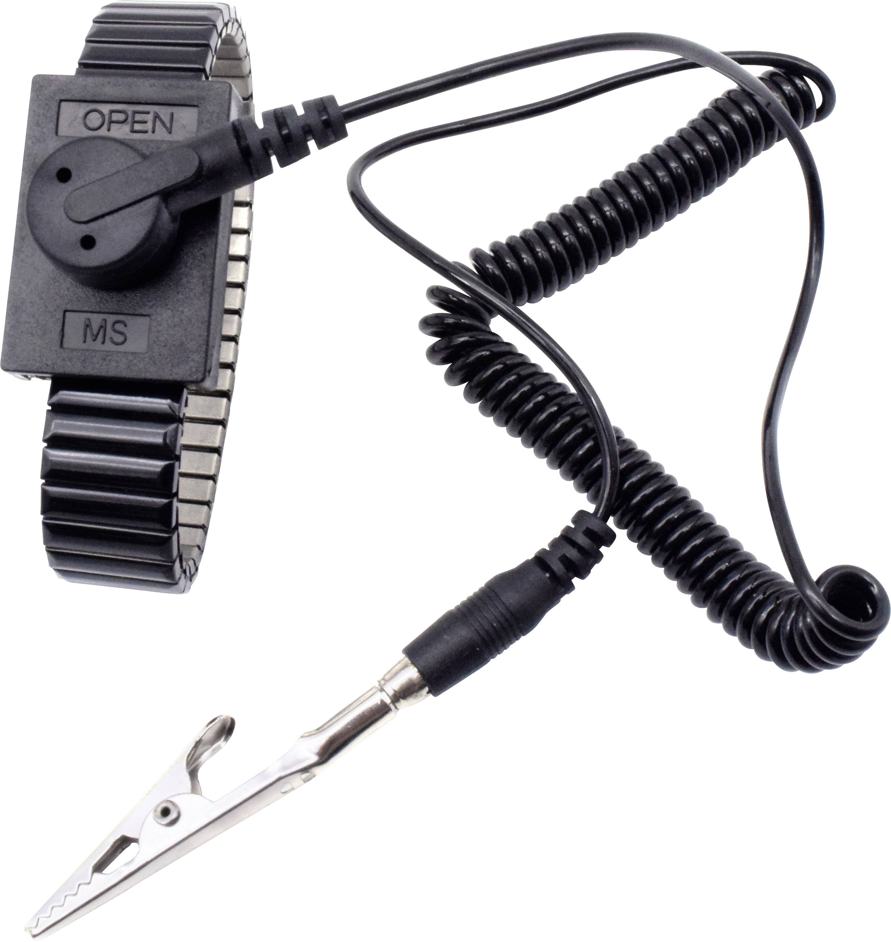 Antistatik-Armband mit Spiralkabel und Krokodilklemme zur Ableitung statischer Aufladung bei der Arbeit mit empfindlichen elektronischen Geräten.